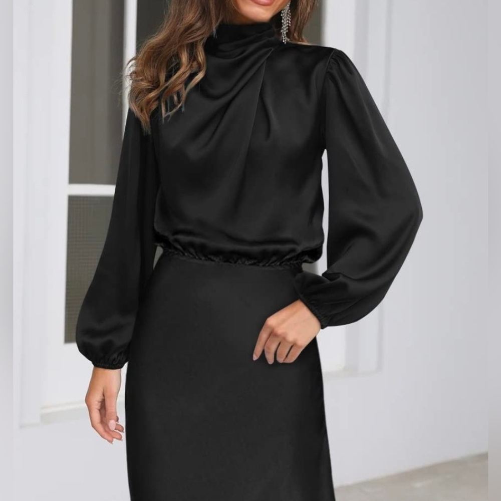 NEW Chic Draped Wrap Halter Neck Satin Midi Dress Bishop Long Sleeve Black - Picture 4 of 9